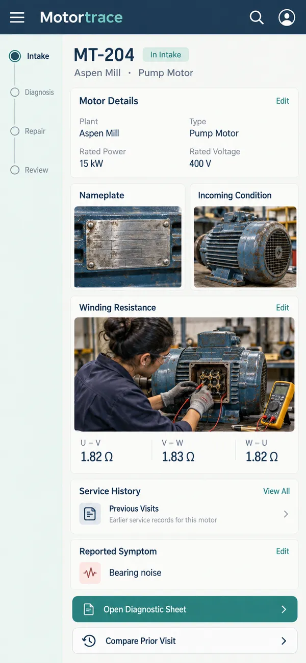 Motortrace motor repair workshop app: motor identity from the nameplate with its repair history