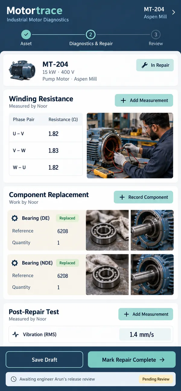 Motortrace motor repair workshop app: diagnostic measurements preserved behind the workshop work