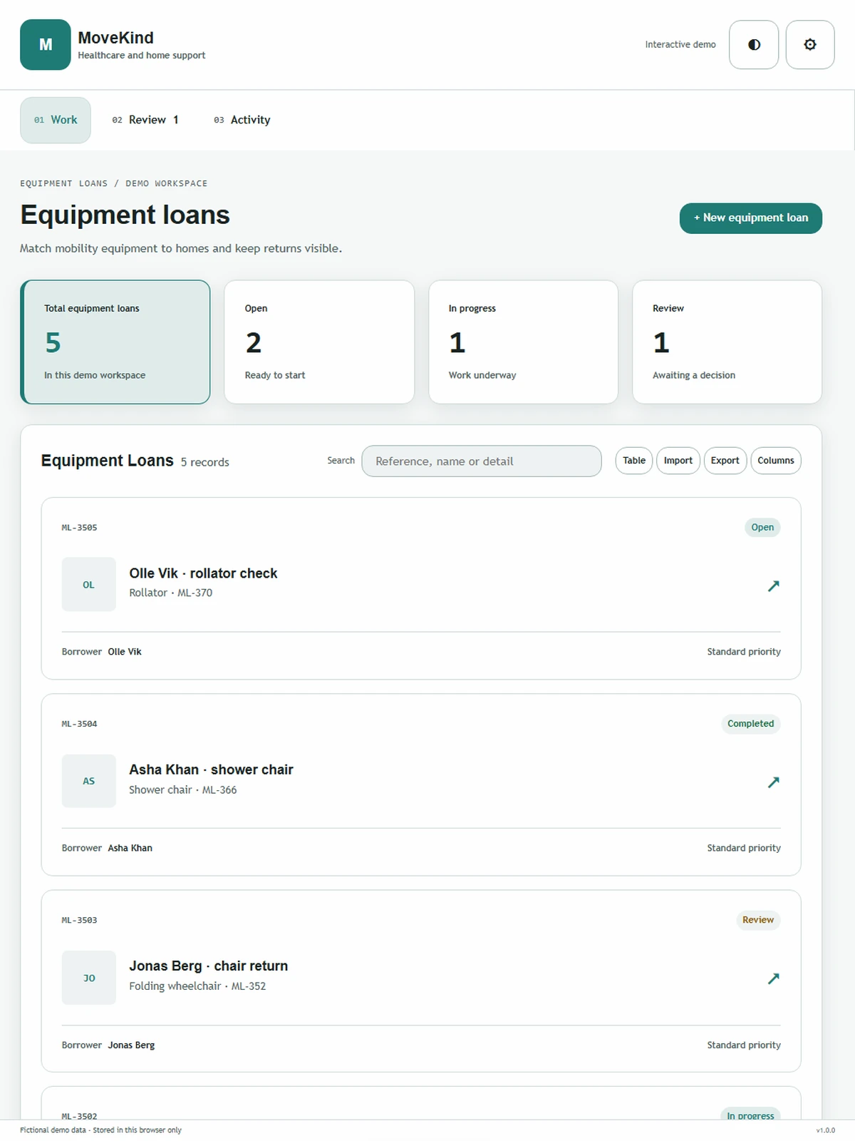 MoveKind responsive tablet workspace with sample business records.