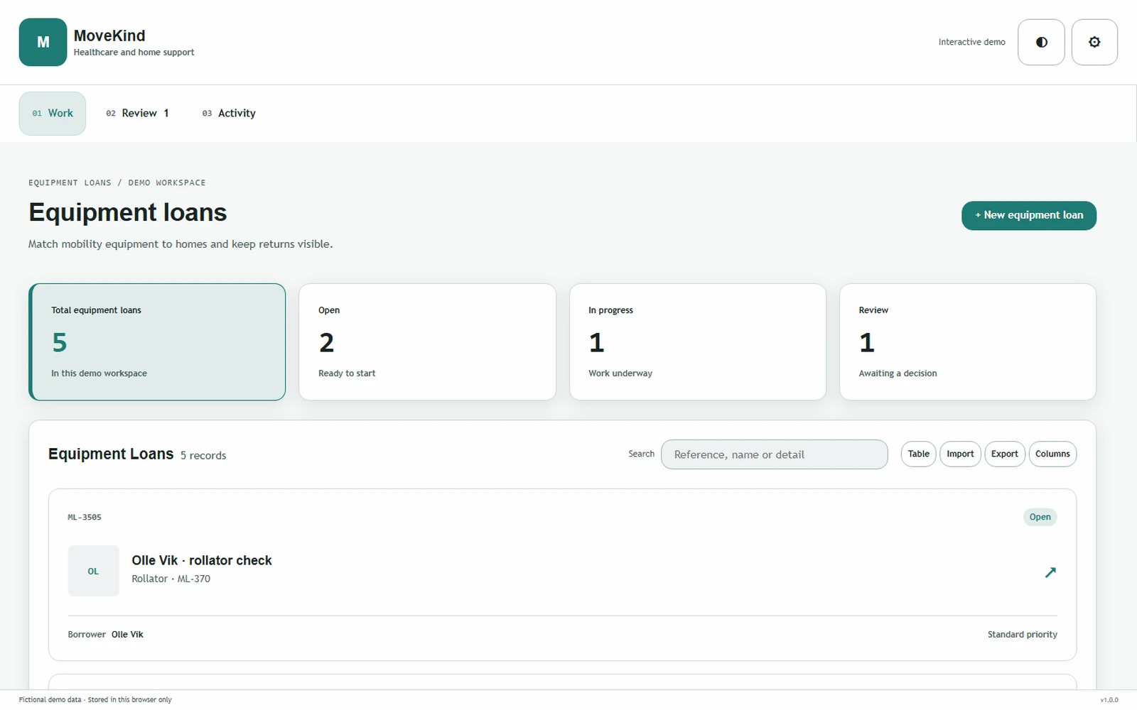 MoveKind responsive pc workspace with sample business records.