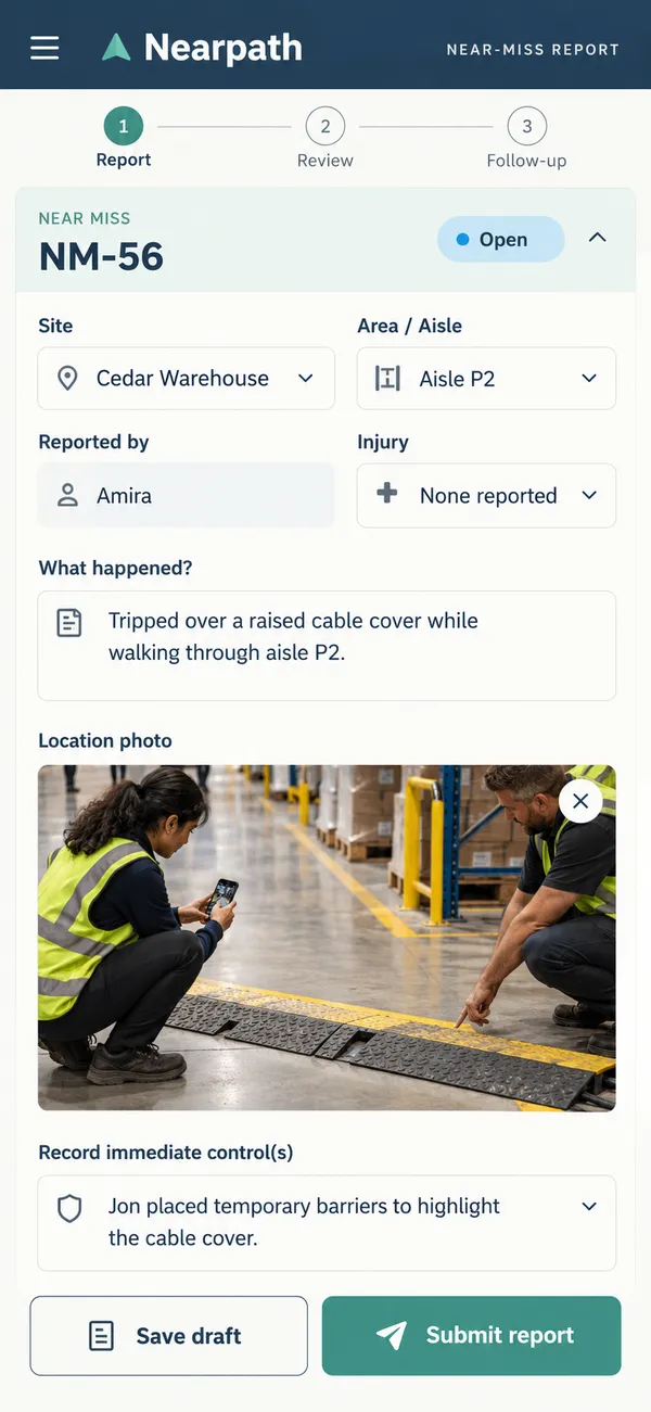 Nearpath near miss reporting app: a quick report form with the location and initial observation