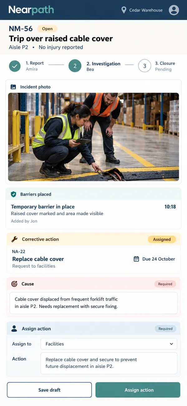 Nearpath near miss reporting app: investigation linked to an owned corrective task