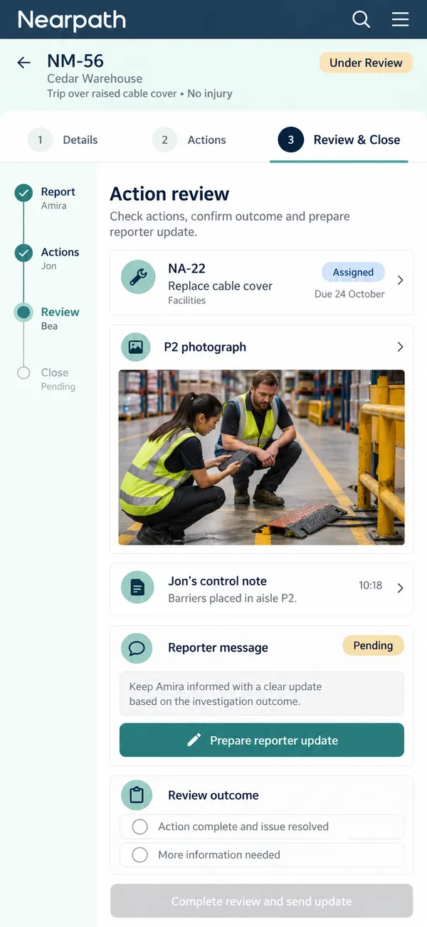 Nearpath near miss reporting app: reviewed outcome shown to the person who reported