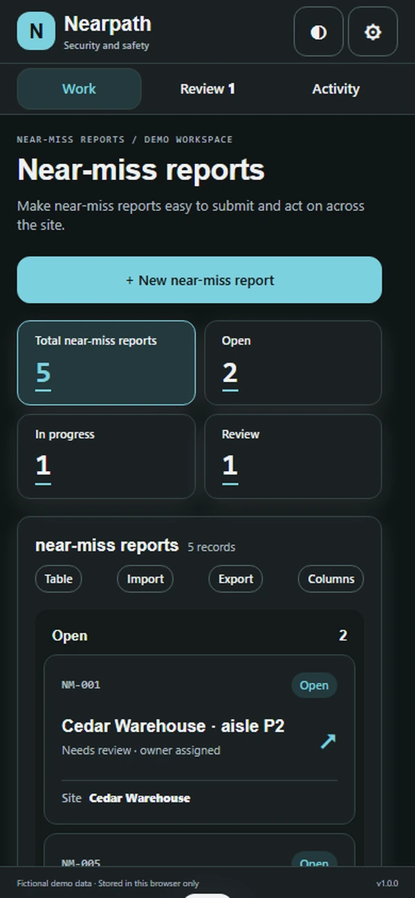 Nearpath near miss reporting app: a quick report form with the location and initial observation