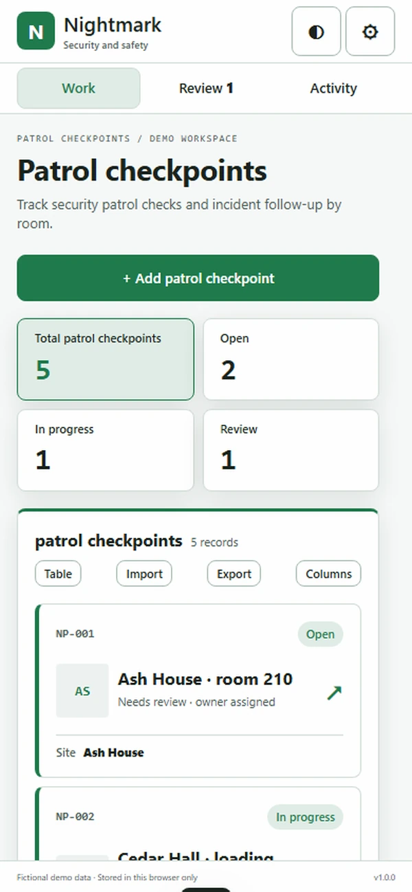 Nightmark security patrol app: checkpoint sequence for the guard's room-by-room patrol