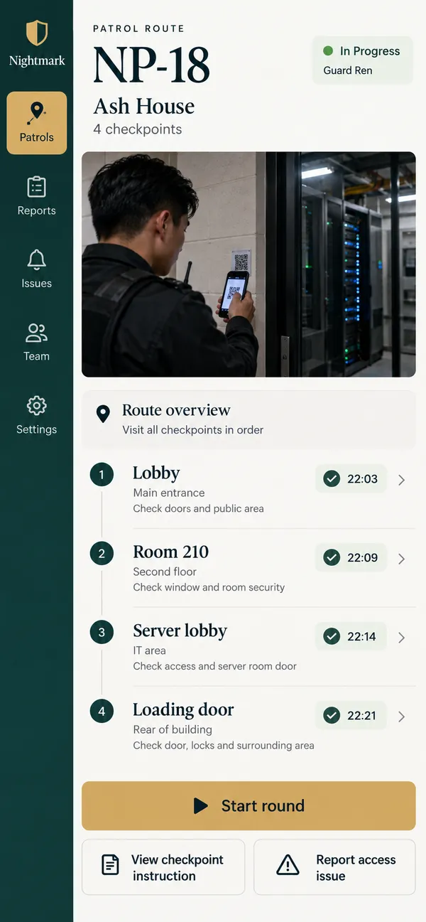 Nightmark security patrol app: checkpoint sequence for the guard's room-by-room patrol