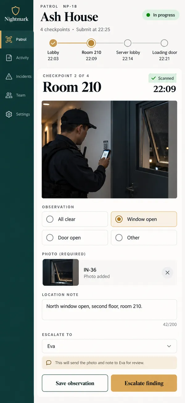 Nightmark security patrol app: an observation attached to the room visit where it was found