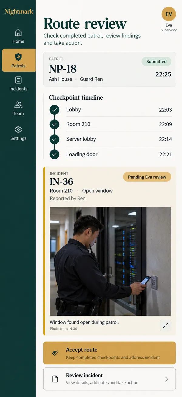 Nightmark security patrol app: completed patrol route shown with an unresolved incident