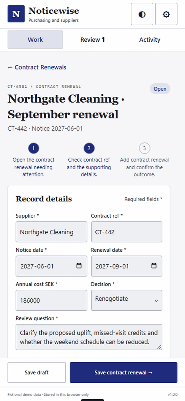 Noticewise: editable business record and action