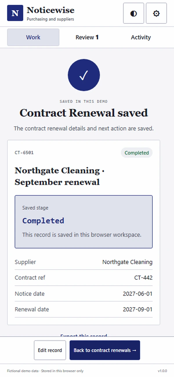 Noticewise: saved result with recorded details