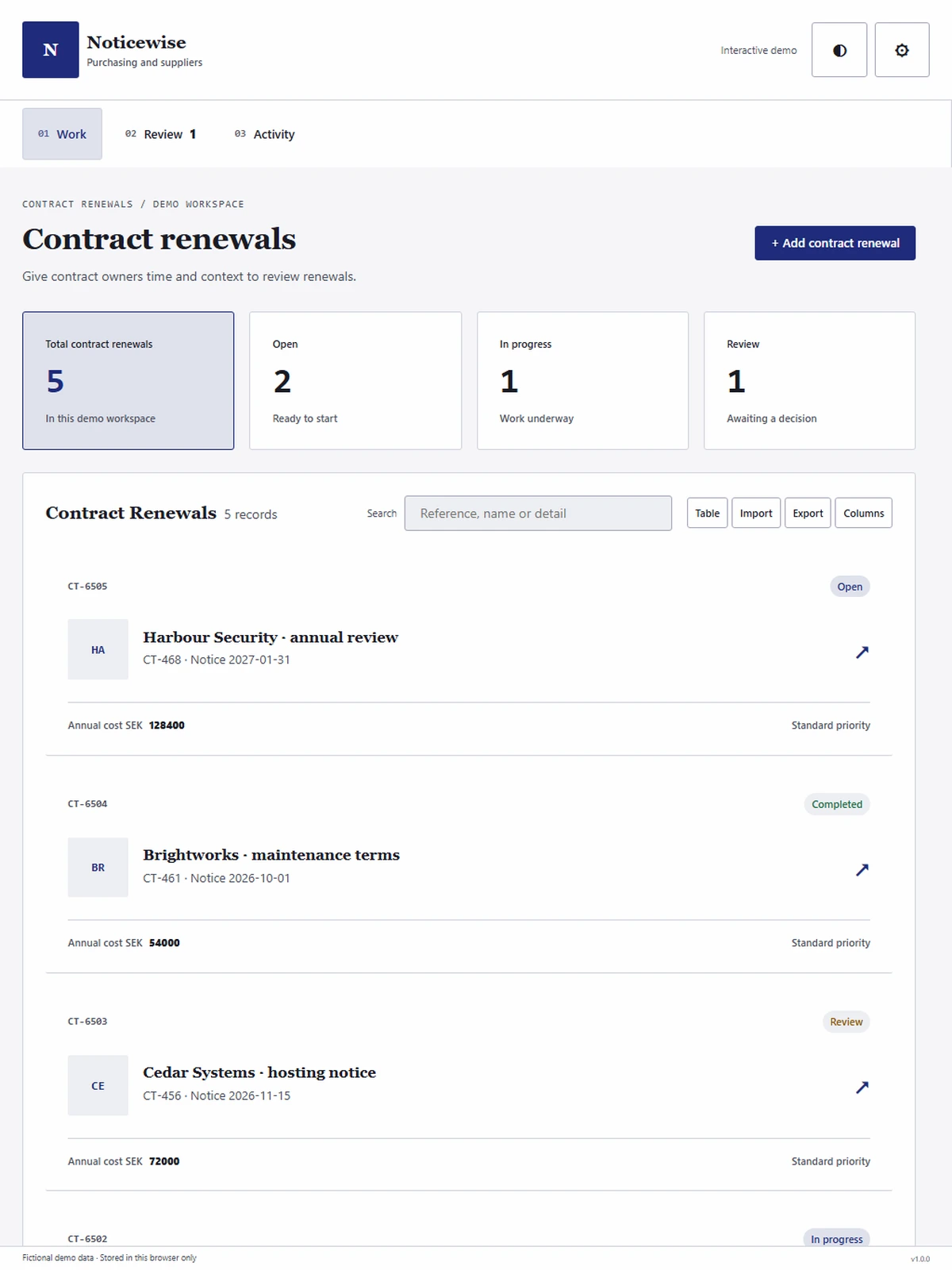 Noticewise responsive tablet workspace with sample business records.