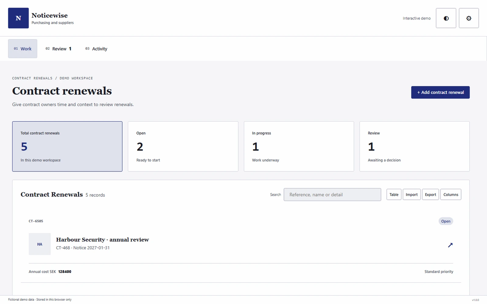 Noticewise responsive pc workspace with sample business records.