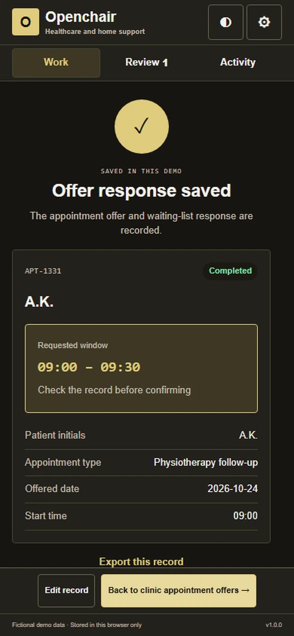 Openchair: saved result with recorded details