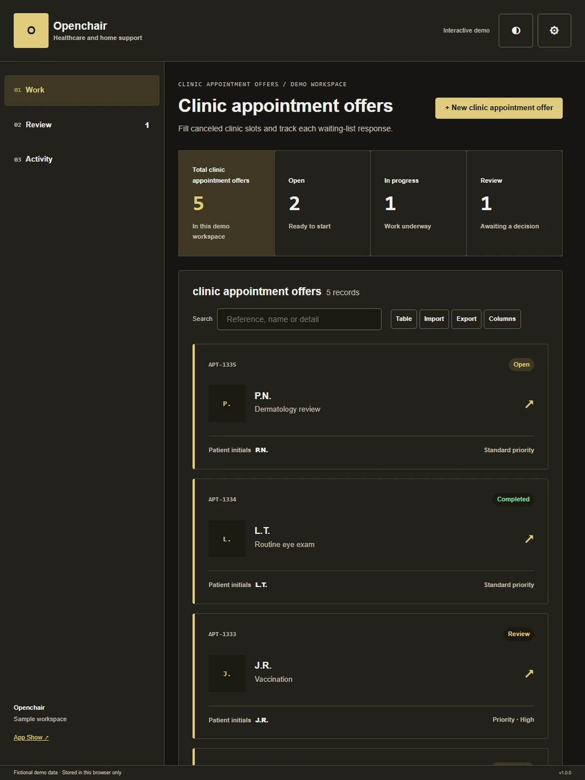 Openchair responsive tablet workspace with sample business records.