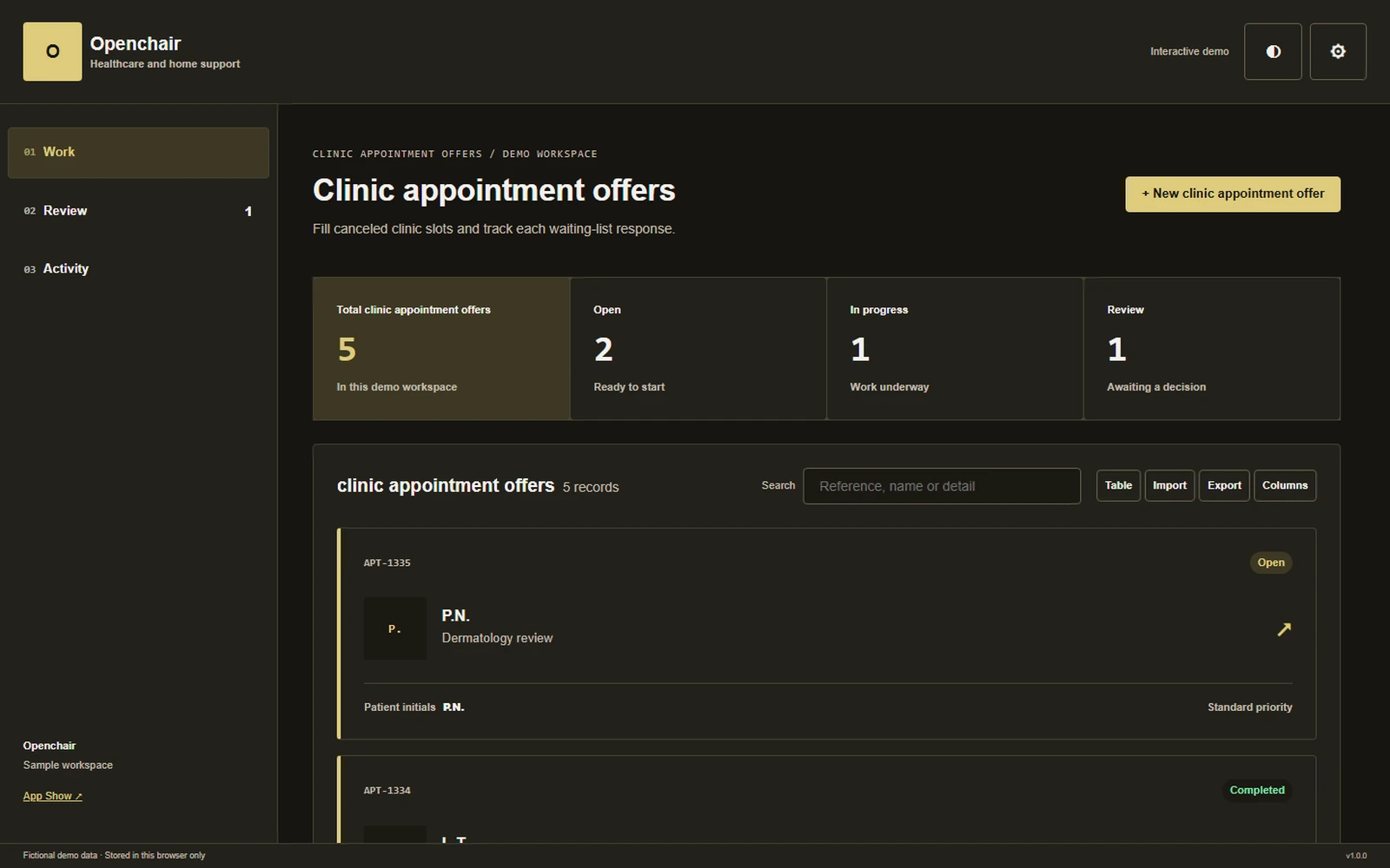 Openchair responsive pc workspace with sample business records.