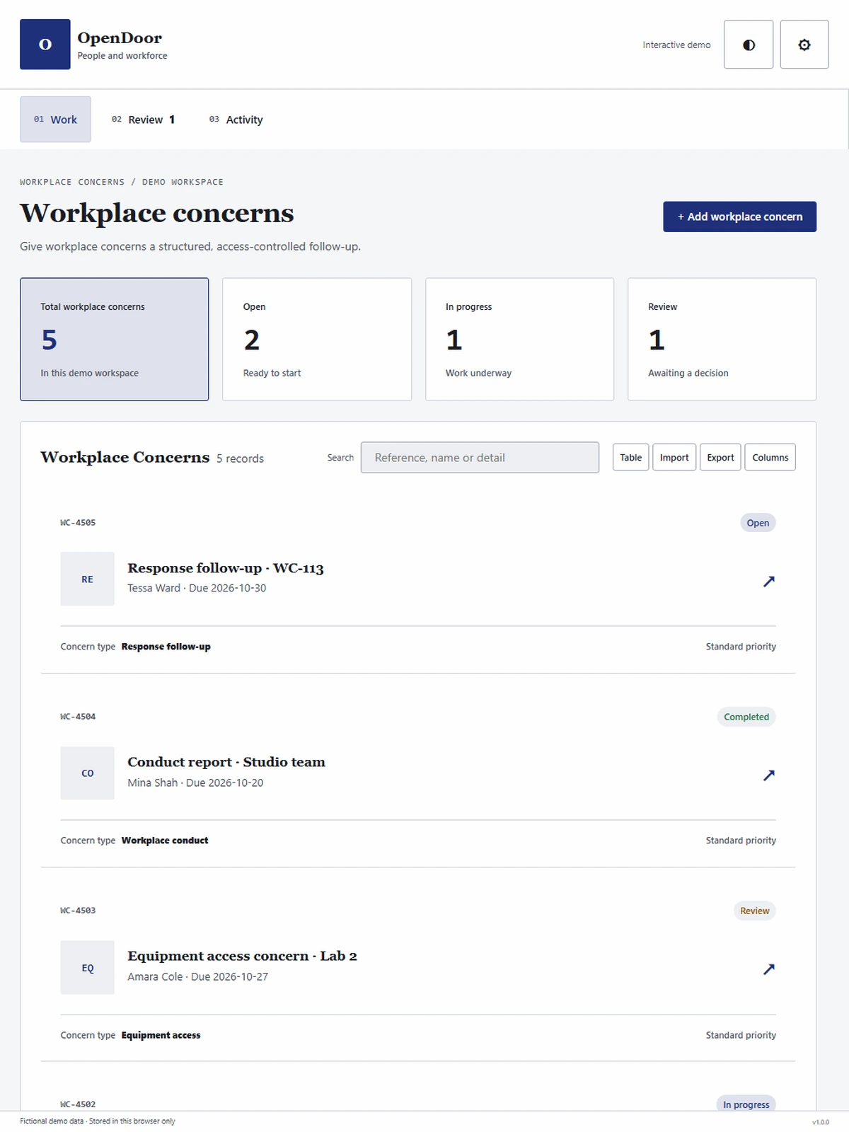 OpenDoor responsive tablet workspace with sample business records.
