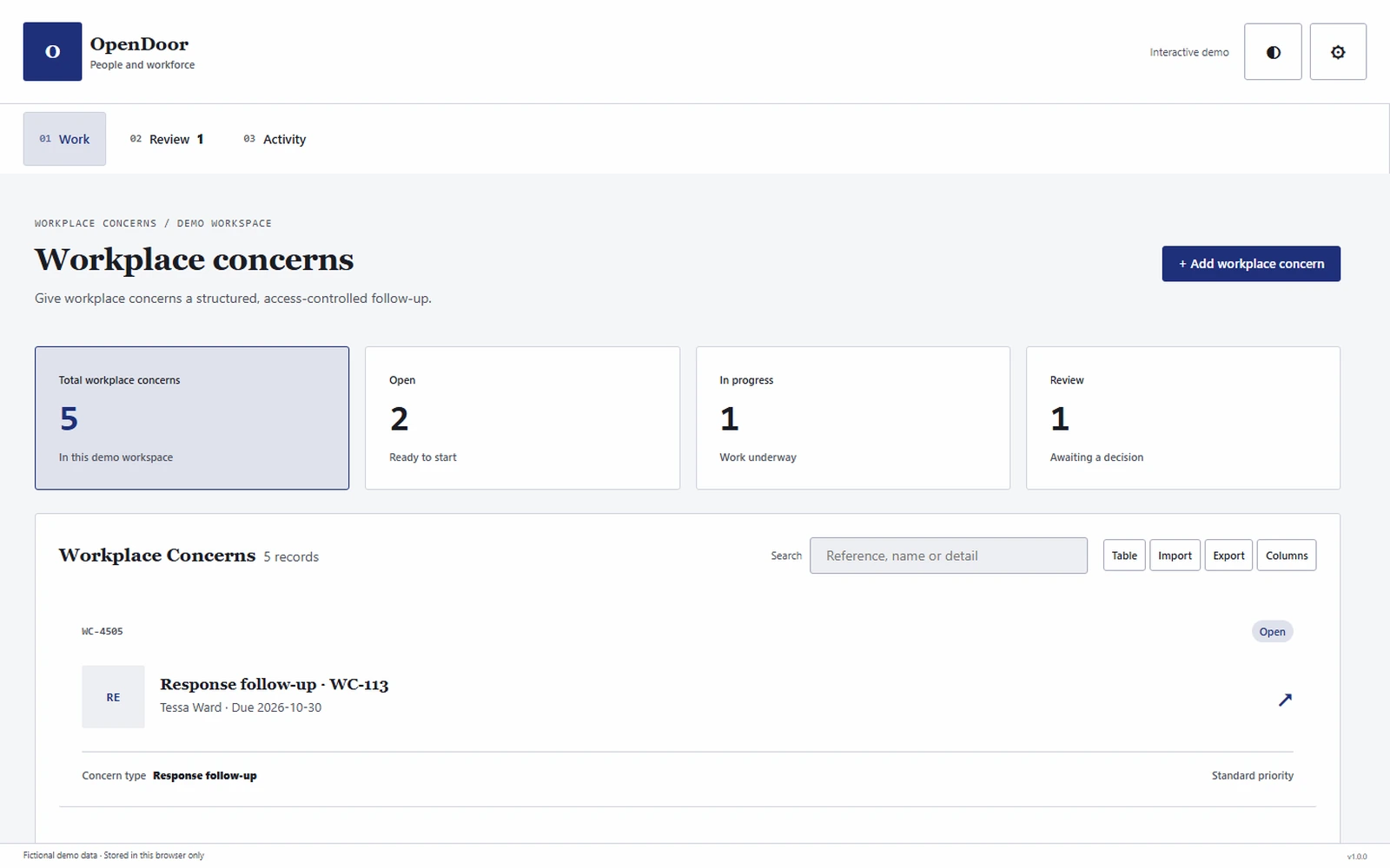 OpenDoor responsive pc workspace with sample business records.