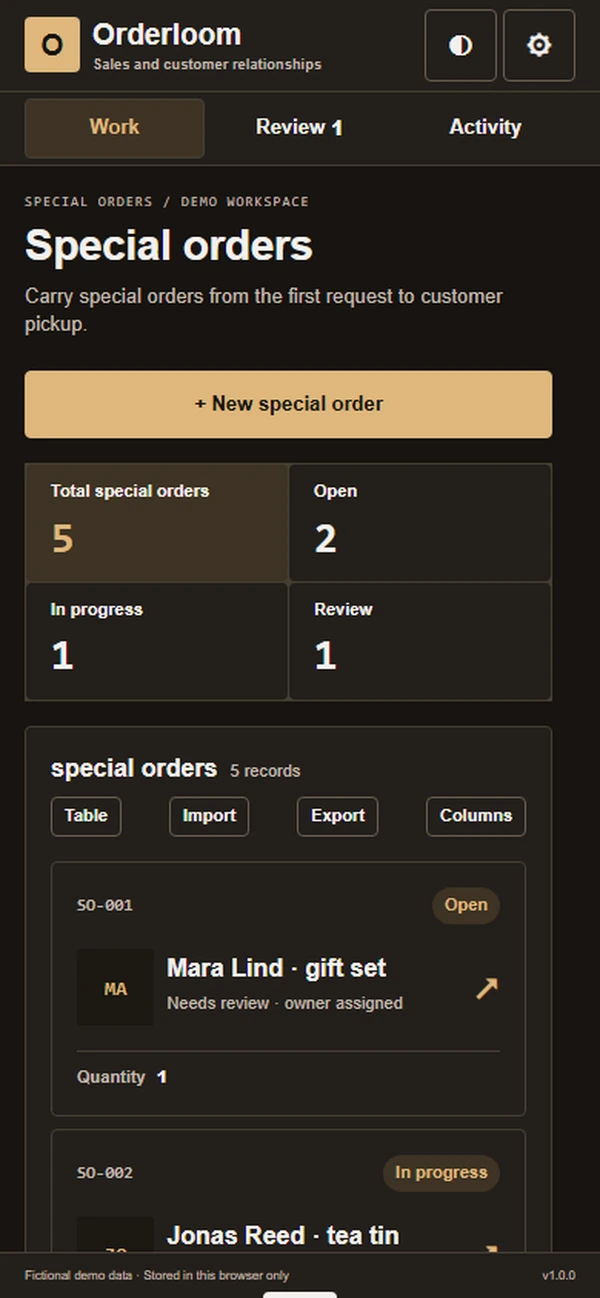 Orderloom: work queue with sample records