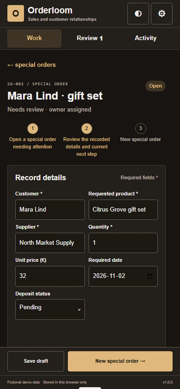 Orderloom: editable business record and action