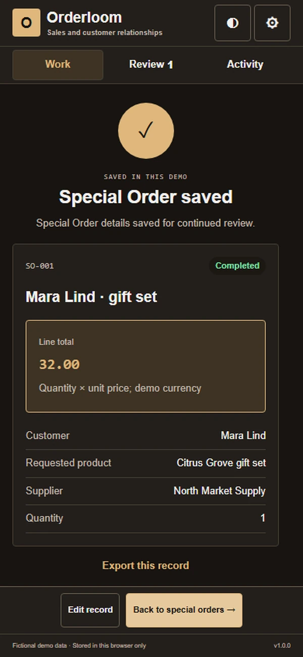 Orderloom: saved result with recorded details