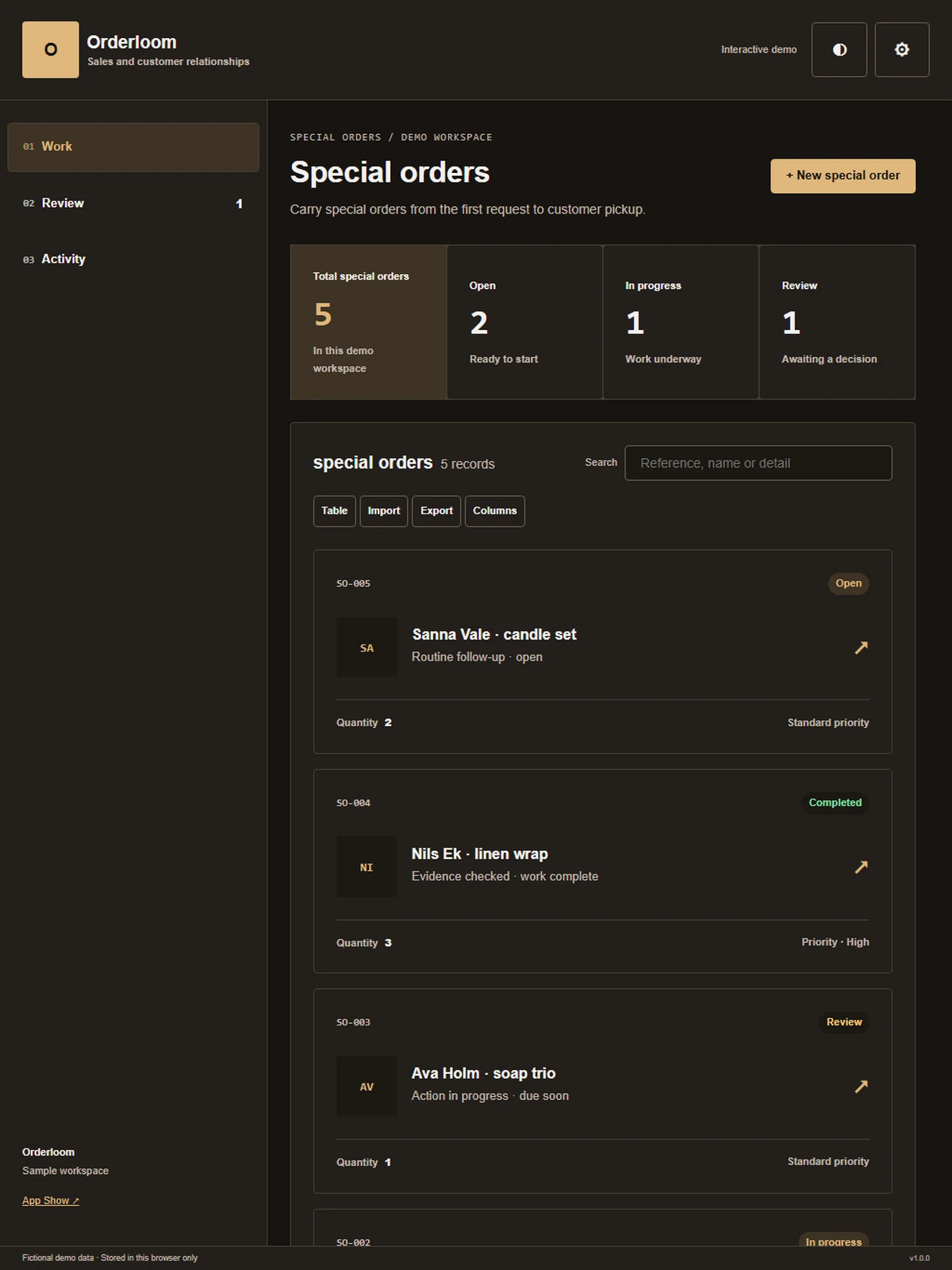 Orderloom responsive tablet workspace with sample business records.