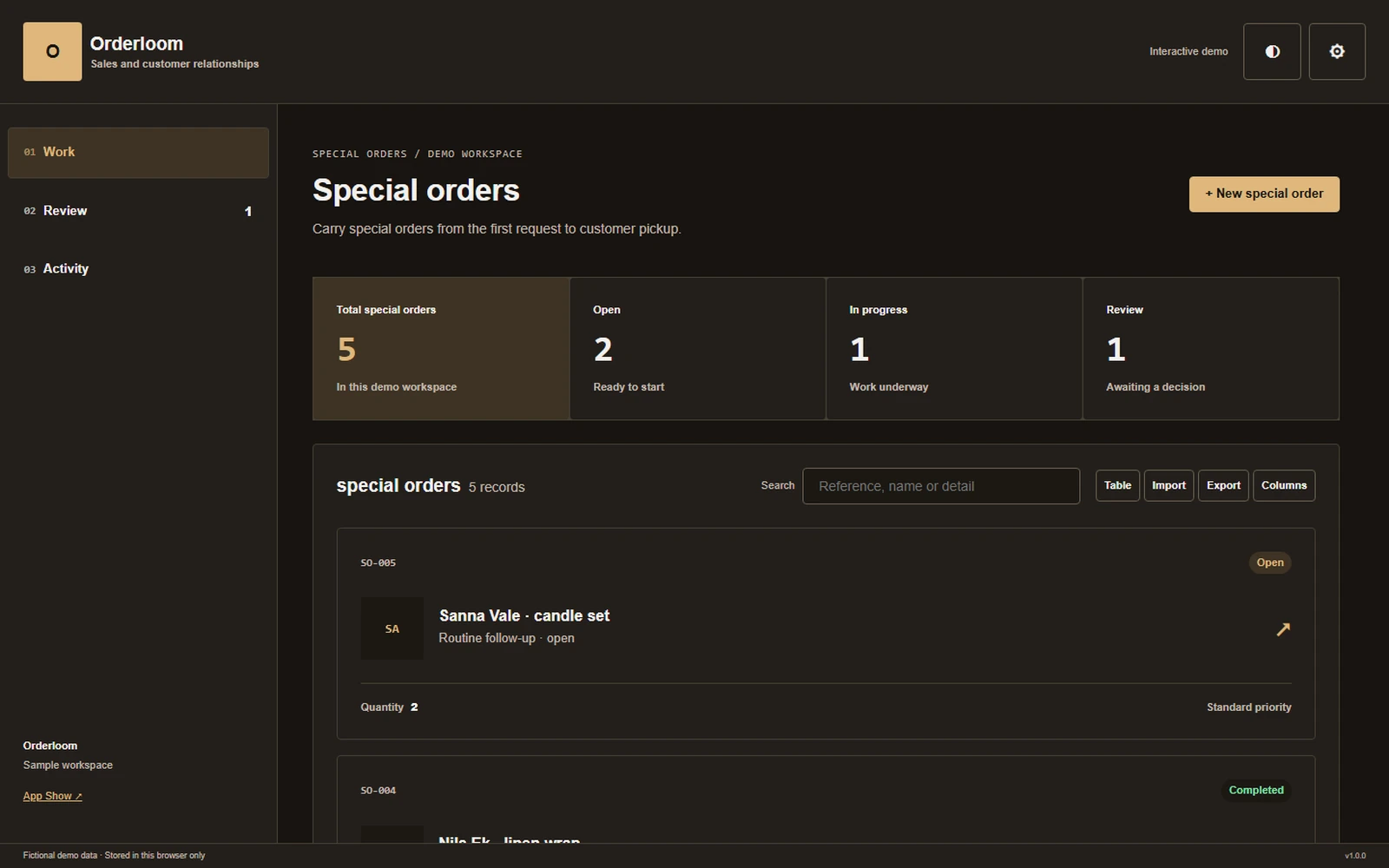 Orderloom responsive pc workspace with sample business records.