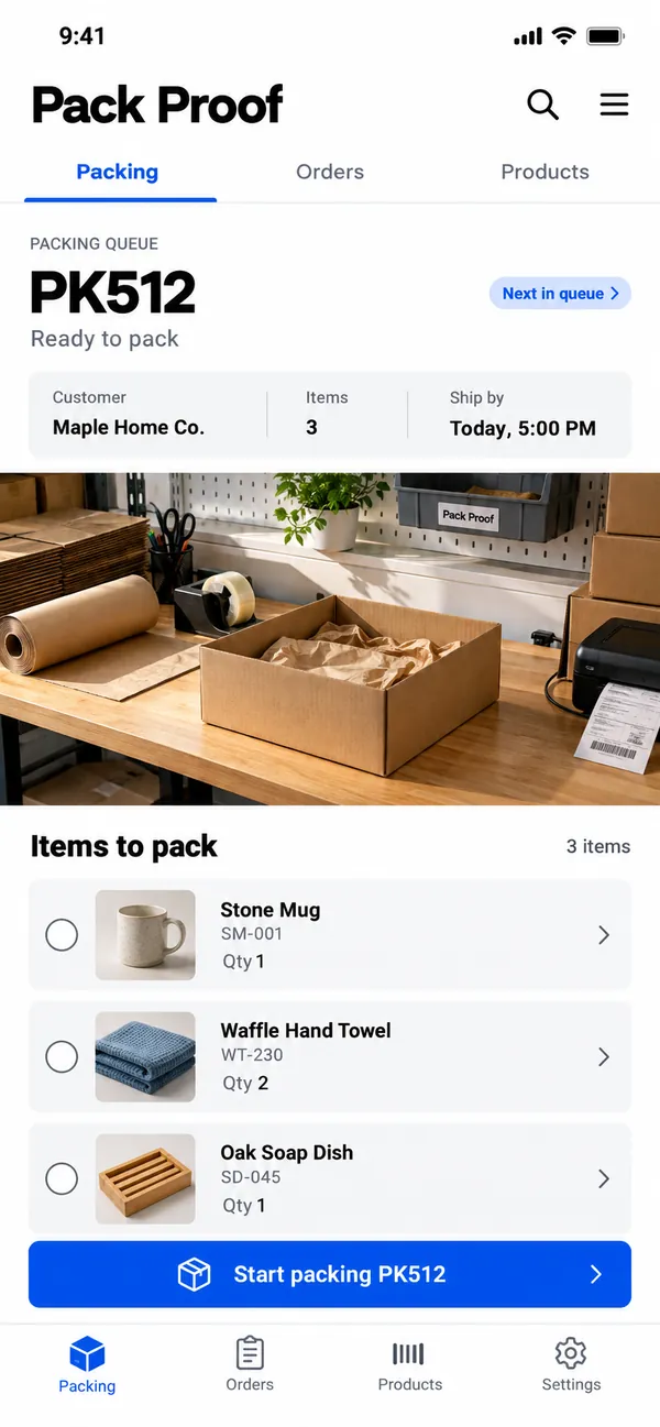 Pack Proof order packing app: orders waiting at the packing bench, ready to be checked and packed