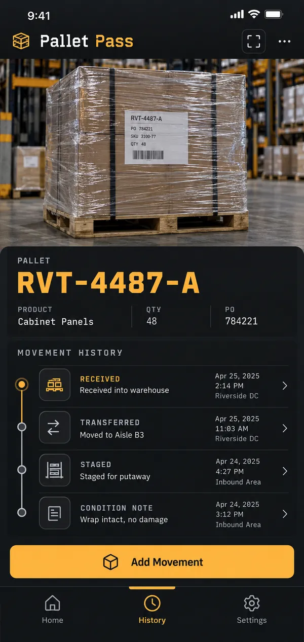 Browse the dated movement history of a pallet.