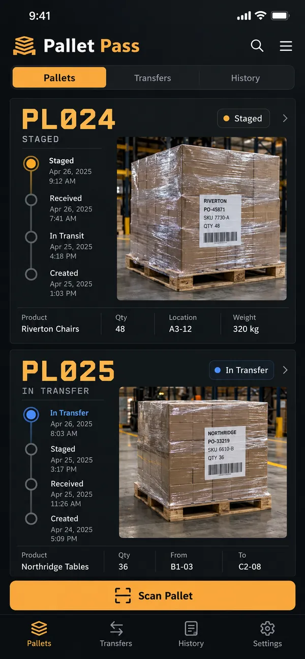 Pallet Pass pallet tracking app: pallets with their latest recorded transfers