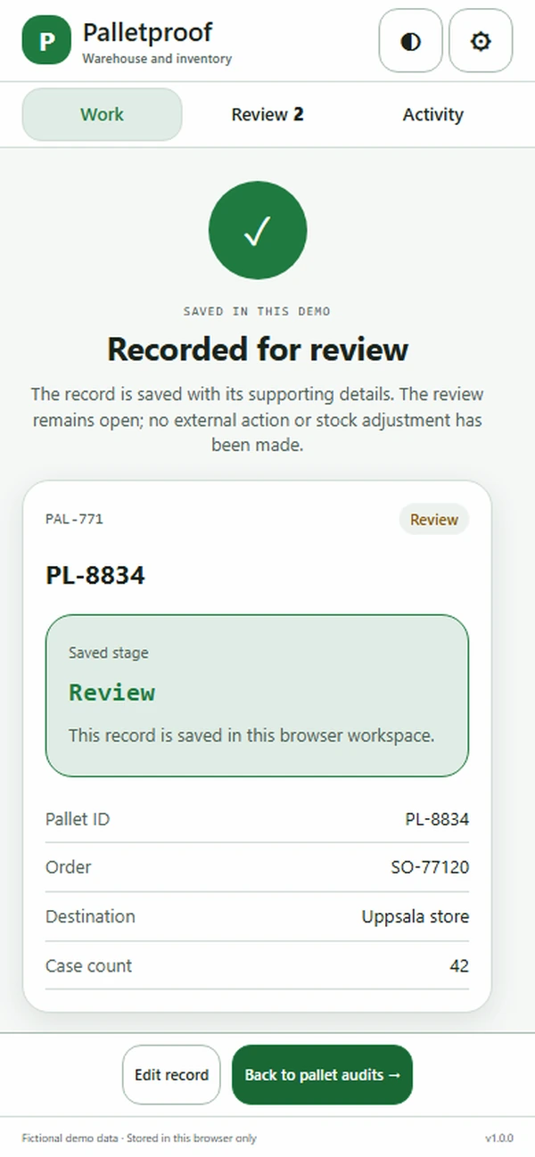 Palletproof: saved result with recorded details