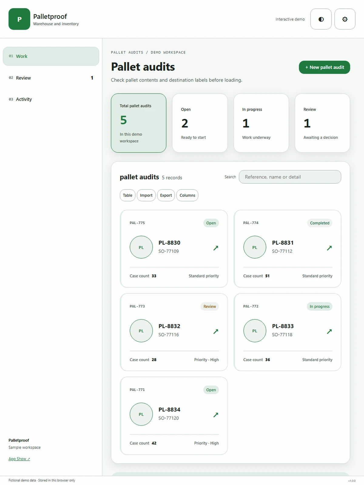 Palletproof responsive tablet workspace with sample business records.