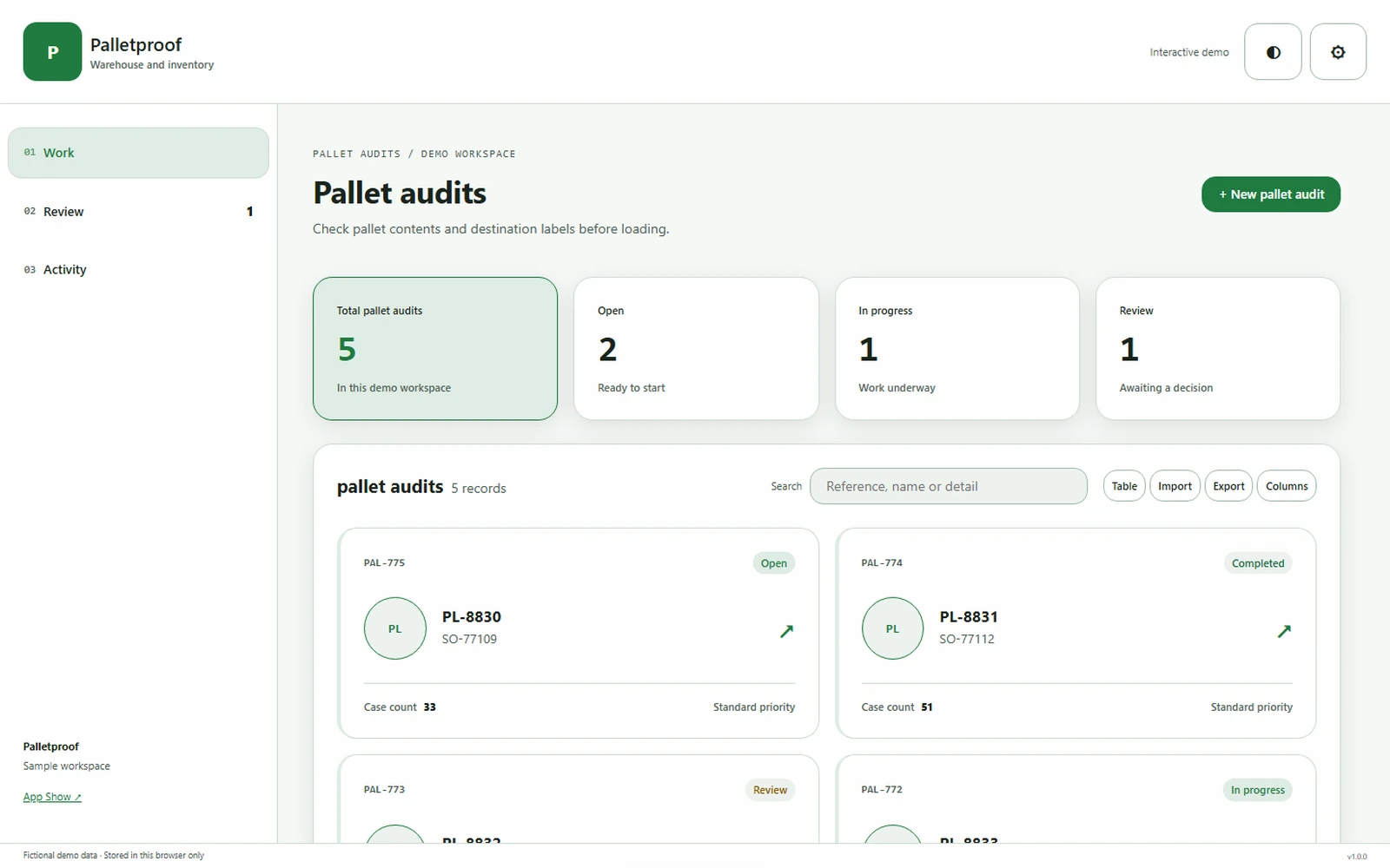 Palletproof responsive pc workspace with sample business records.