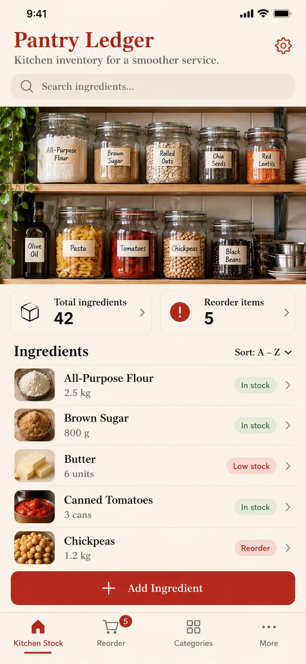 Pantry Ledger kitchen inventory app: kitchen stock with ingredient counts and units