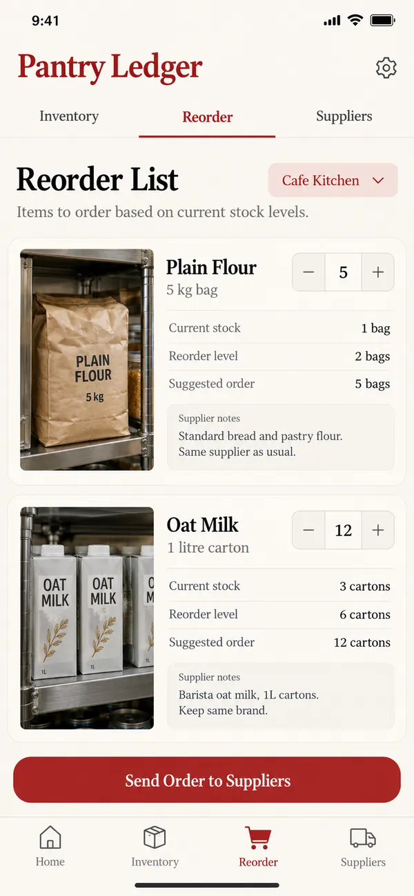 Pantry Ledger kitchen inventory app: reorder list for the next supplier order