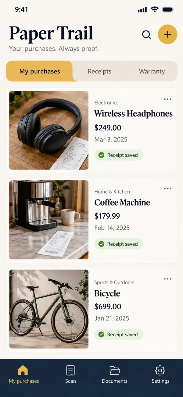 Paper Trail proof of purchase app: list of my purchases with receipts attached
