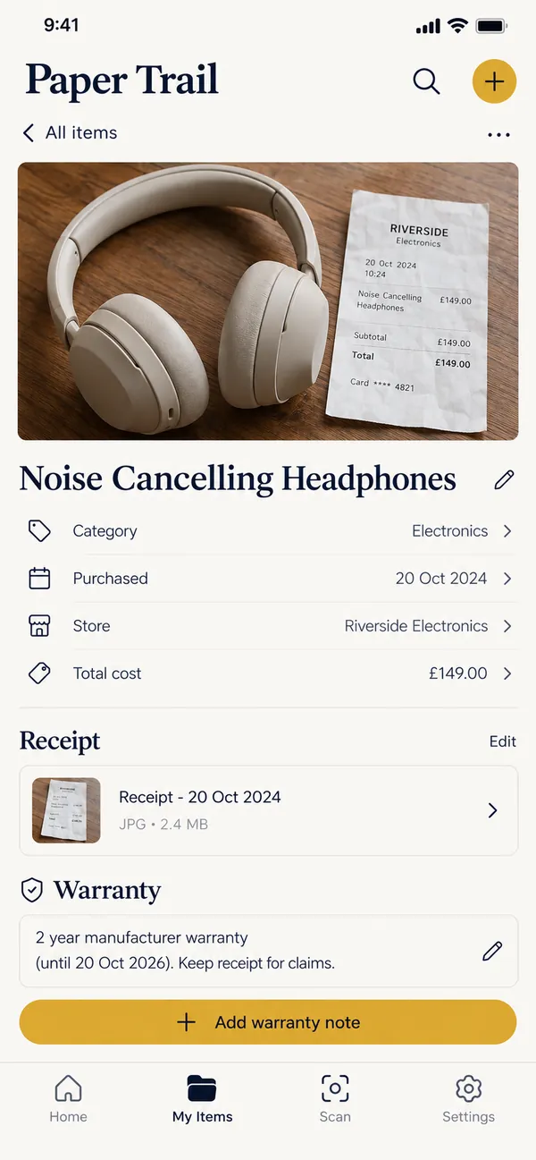 Paper Trail proof of purchase app: headphones record with receipt and warranty details