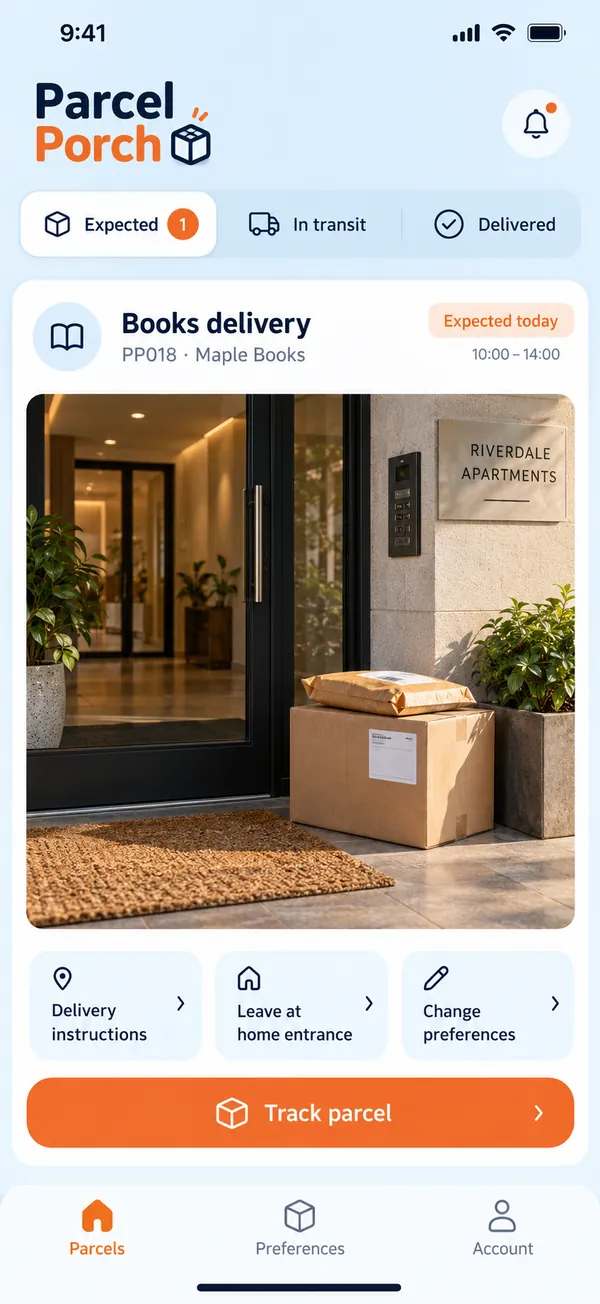 Parcel Porch parcel delivery preferences app: a recipient's expected parcels in one list