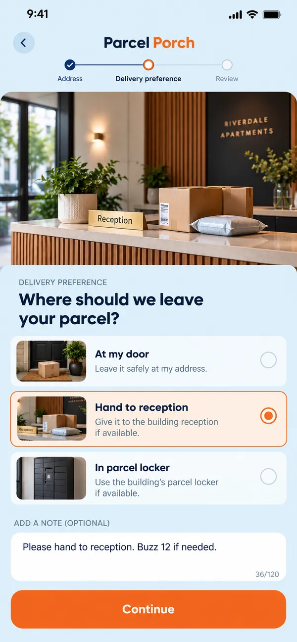 Parcel Porch parcel delivery preferences app: a delivery preference chosen for a parcel