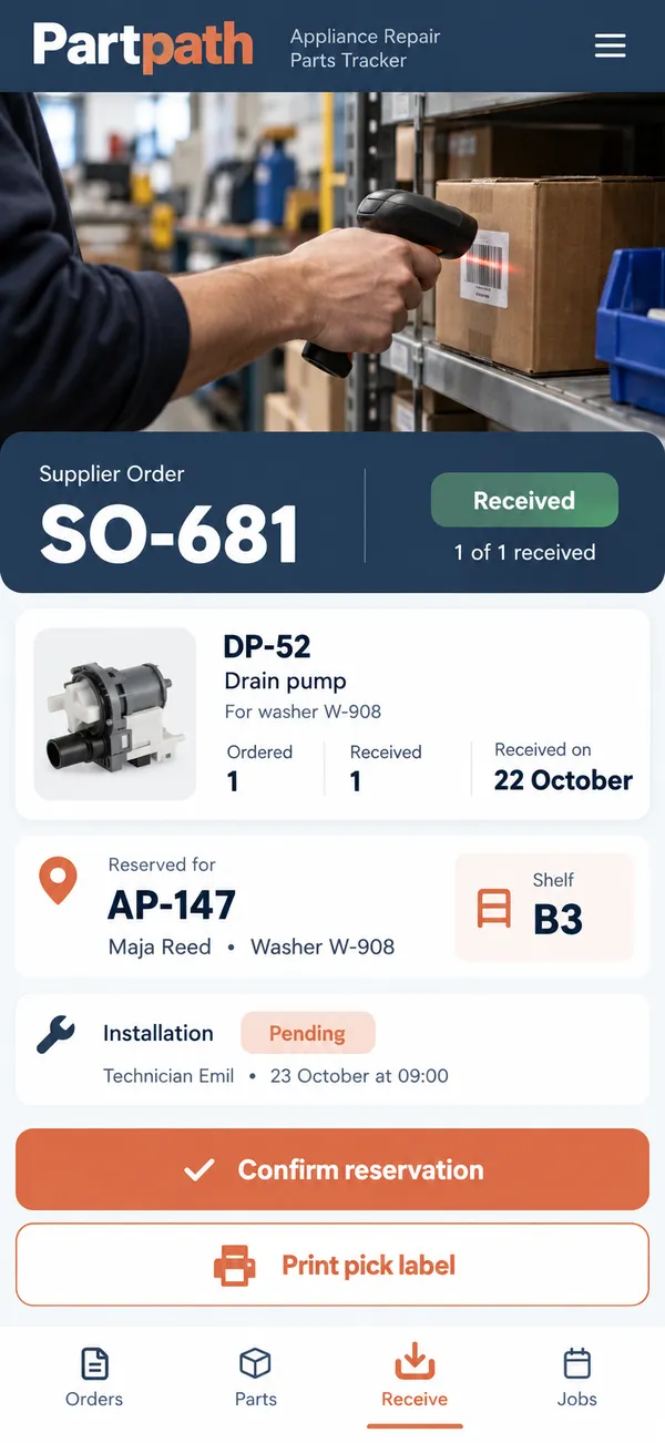 Partpath appliance repair app: a received component reserved for the right repair case