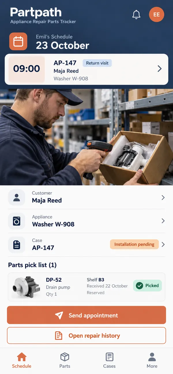 Partpath appliance repair app: return visit booked with the part ready to pick