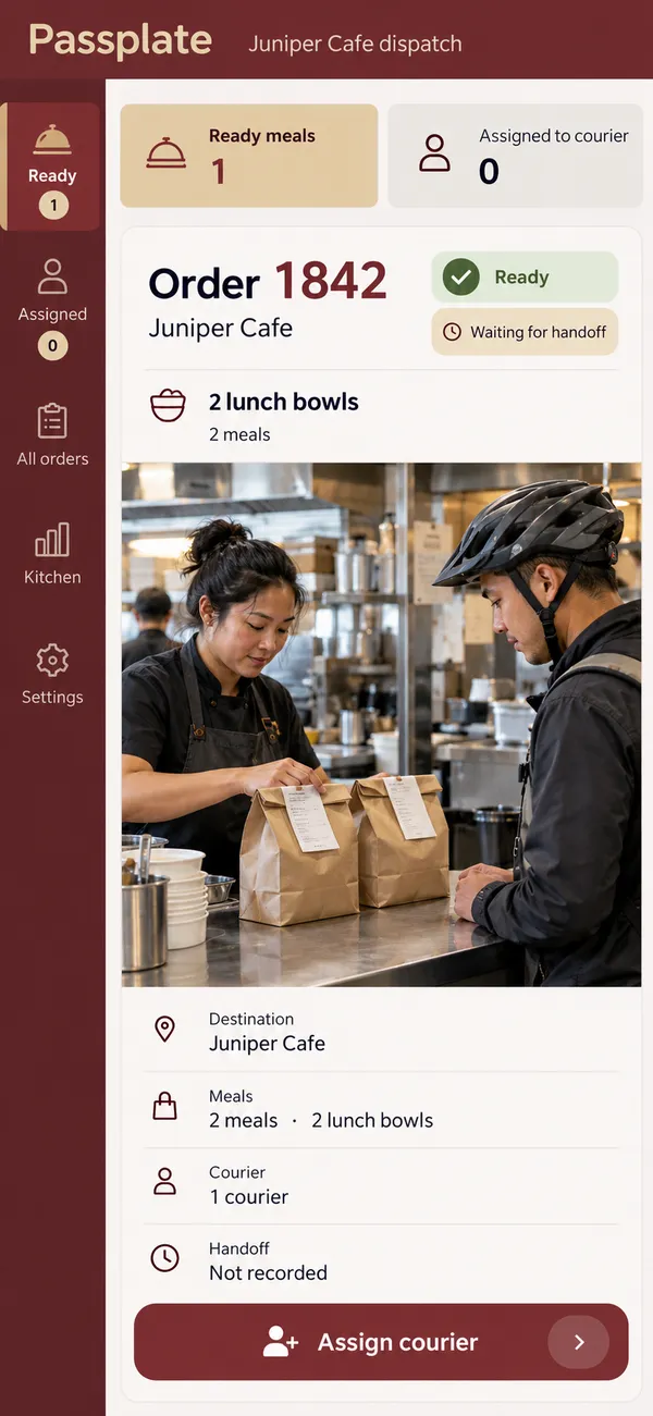 Passplate restaurant delivery dispatch app: ready meals shown separately from collected meals