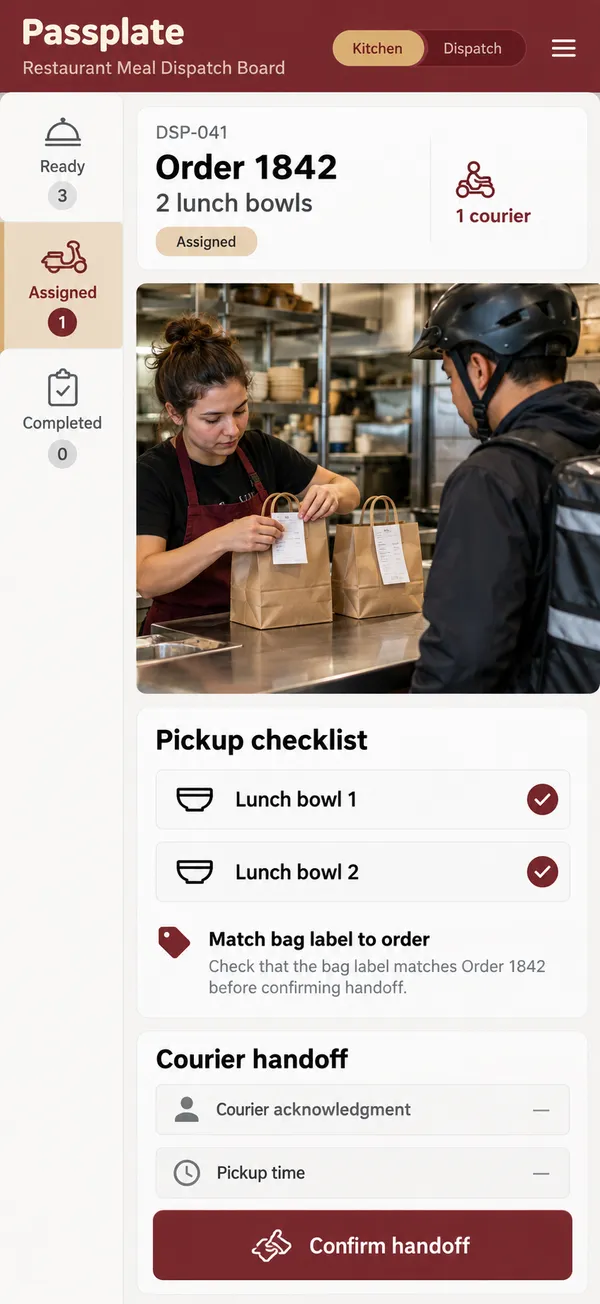 Passplate restaurant delivery dispatch app: an order verified at the counter for the courier