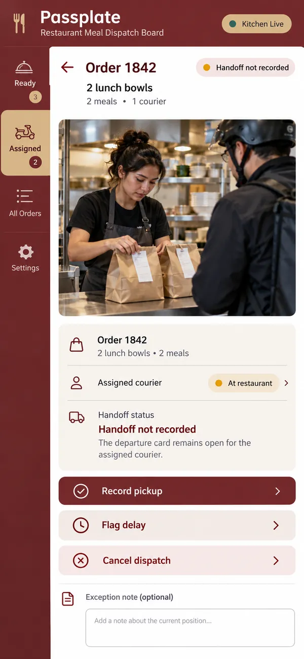 Passplate restaurant delivery dispatch app: unresolved handoffs and delays flagged for dispatch