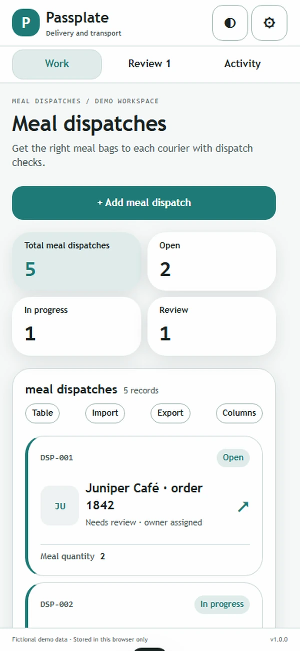 Passplate restaurant delivery dispatch app: ready meals shown separately from collected meals
