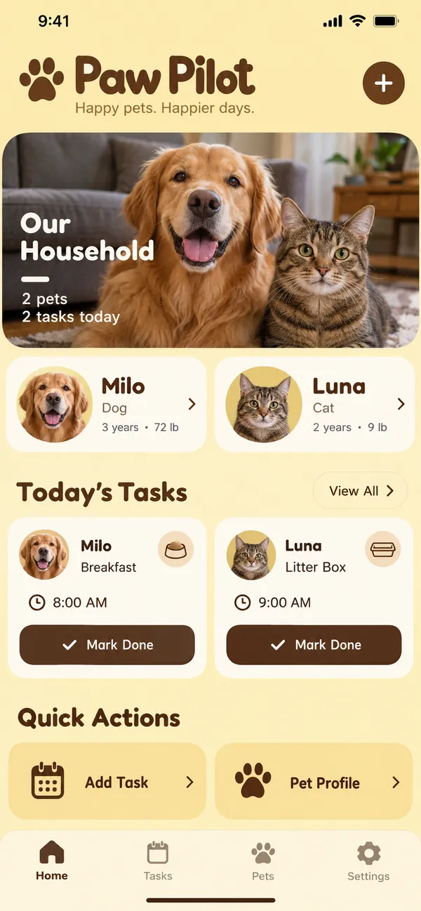 Paw Pilot pet care household app: household view of every pet's feeding and care