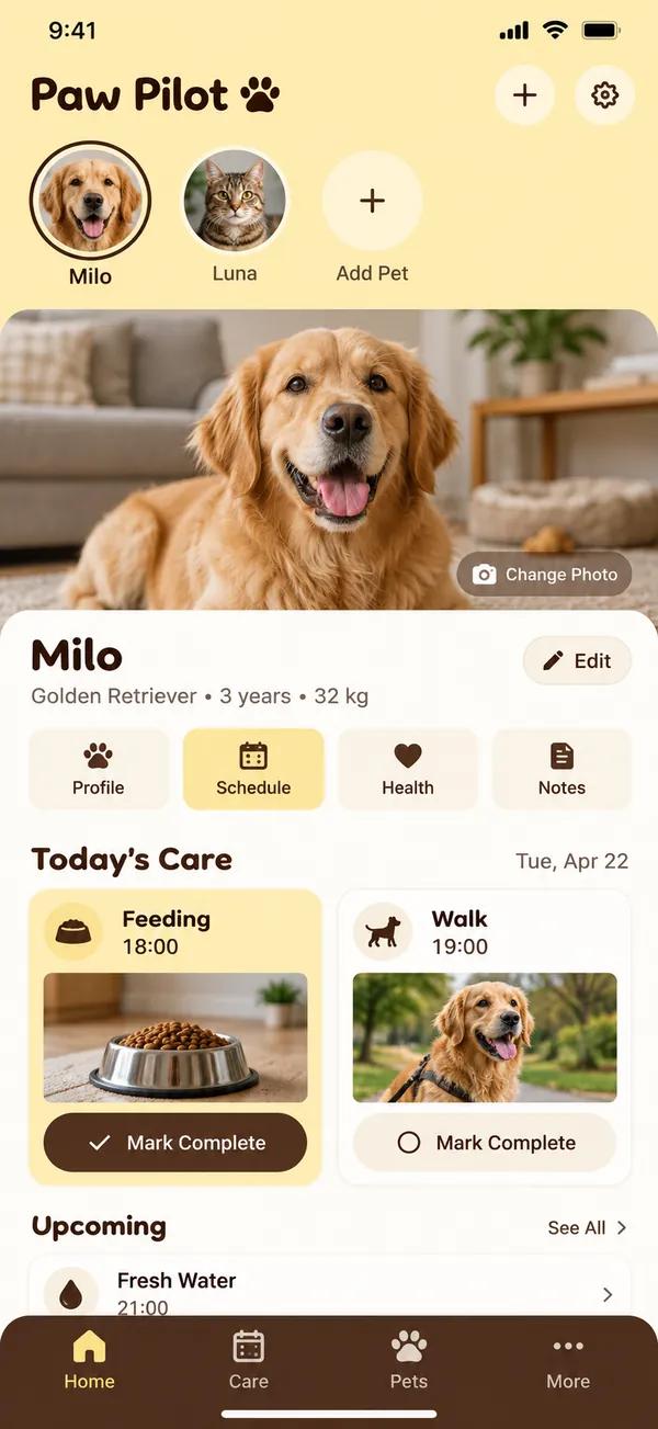 Paw Pilot pet care household app: Milo's pet profile with routine and notes