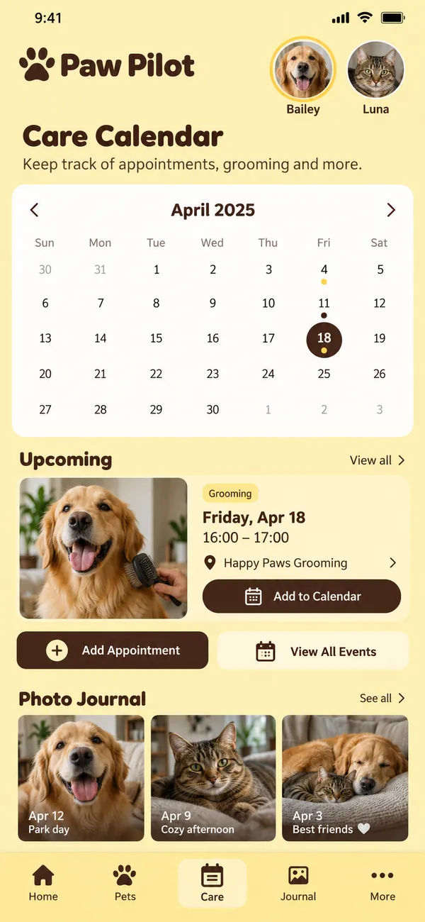 Paw Pilot pet care household app: care calendar with feeding, walks and vet visits