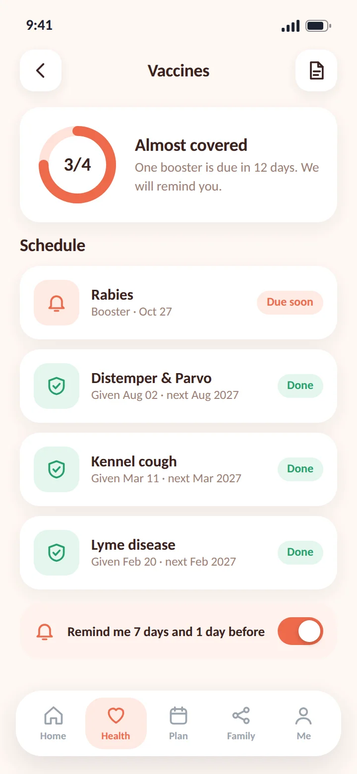 Vaccine schedule with reminders