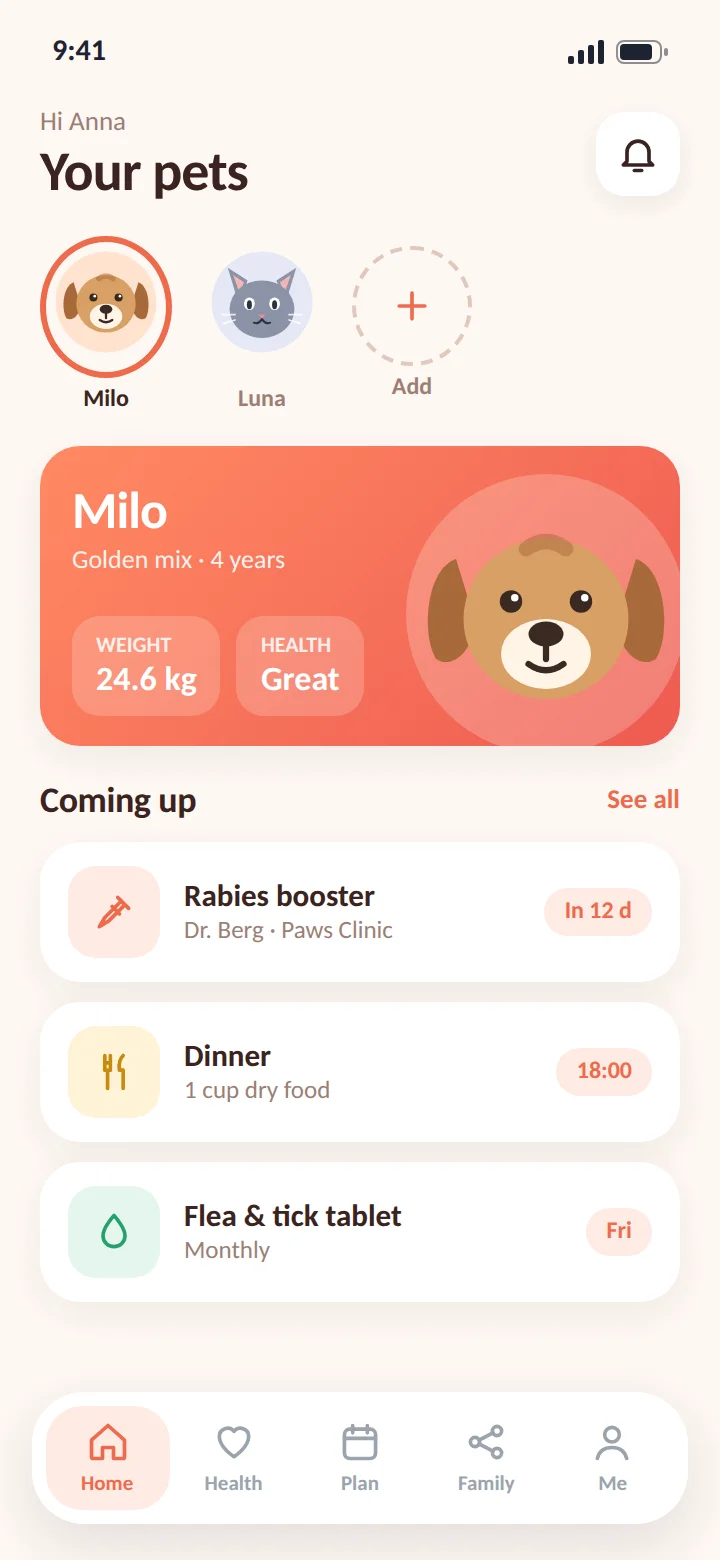 Pet Pal pet health log app: pet profile showing weight and health at a glance
