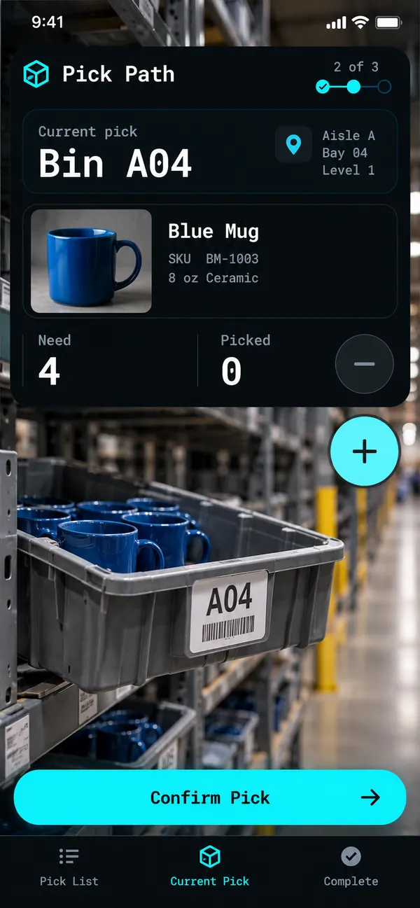 Follow the current pick with location, photo and quantity.